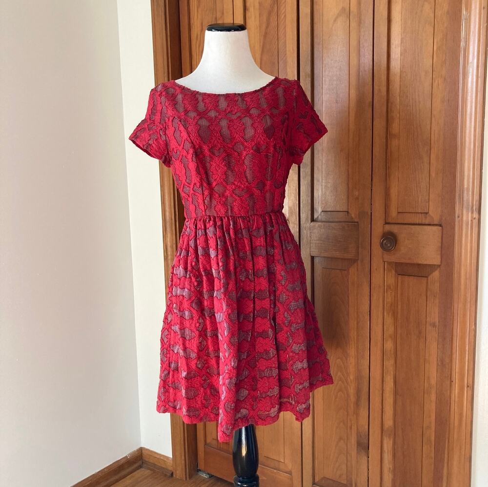 Moulinette Soeurs Red Lace Fit and Flare Dress, Size 2